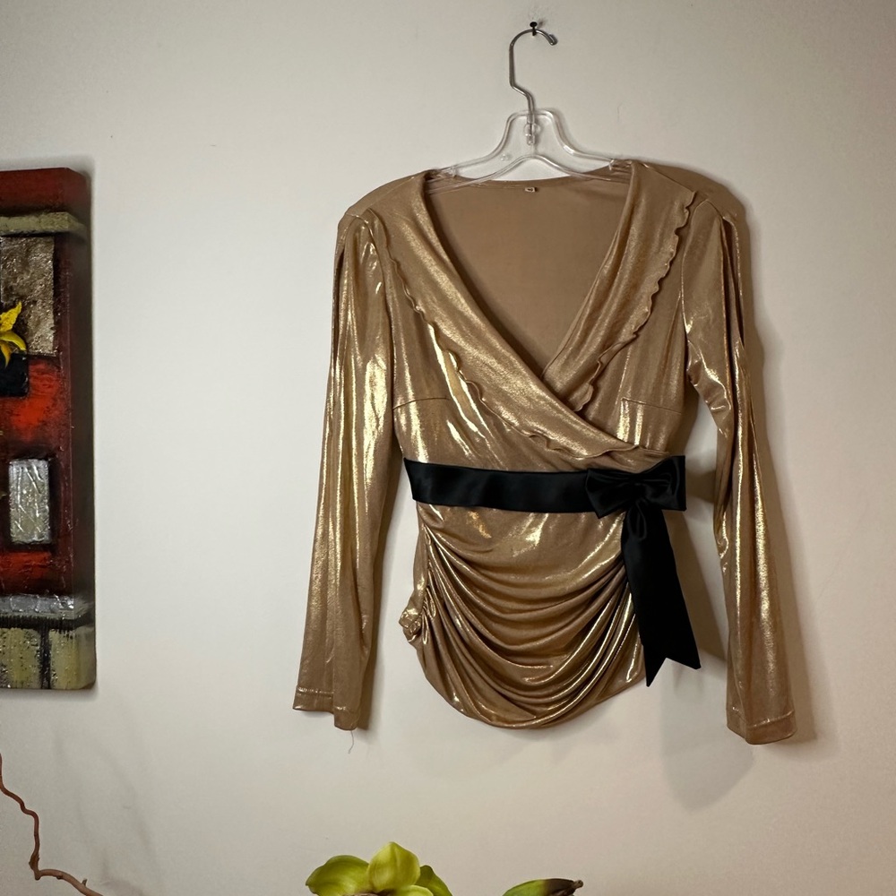 T90- Arlette Mora made in Italy Gold Wrap with black Bow Tie Front Blouse